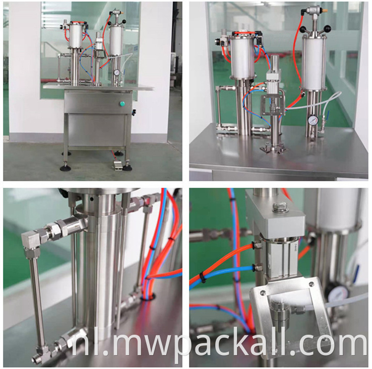 Nieuw model kleine productiemachines pneumatische aerosol blik vulmachine